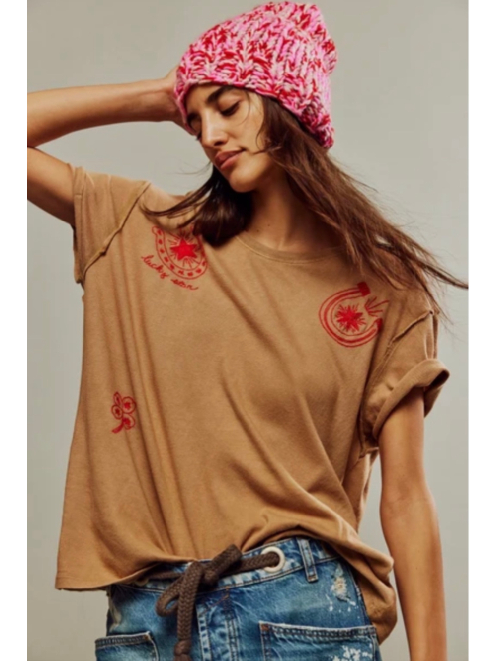 Free People We The Free Horsin’ Around Tee Large Brown Red Embroidered Western